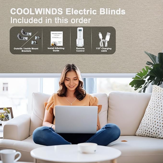 COOLWINDS Motorized Blinds with Remote Cordless Automatic Motorized Shades Custom Blinds for Windows Smart Curtains Compatible with Alexa Google Home(Blackout Sweet Latte,W42 x H72in)