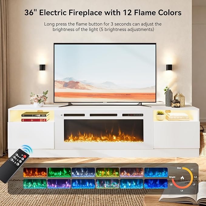 YISUFO 80” TV Stand with 36” Electric Fireplace, Large Modern Media Entertainment Center with Storage Cabinet and 12 Colors LED Lights for TVs Up to 90",All Black