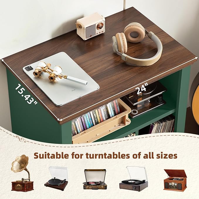 Joaxswe Record Player Stand with Vinyl Record Storage, 24" Wide Mid-Century Record Player Table Up to 200 Albums,Large Wood Turntable Stand Cabinet Dispaly Shelf for Living Room,Bedroom,Green