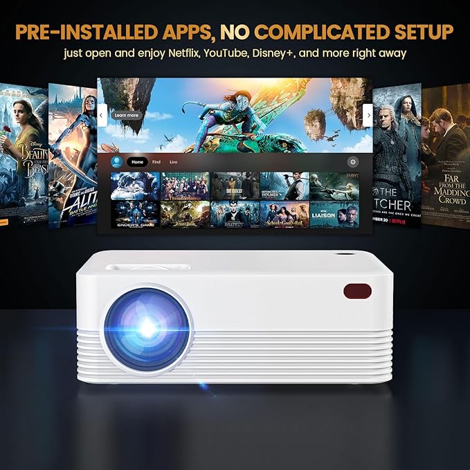 Mini Projector, H5 Portable Video Projector with WiFi & Bluetooth, Movie Projector Supports 8K with Android System, Auto Keystone Correction, 40"-200" Screen Video Projector, with HDMI Cable