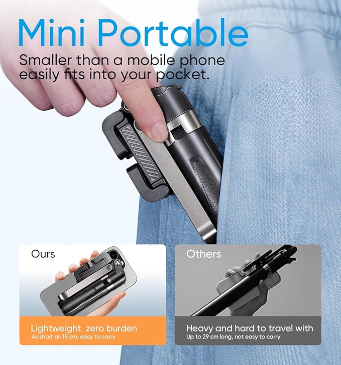 MAGIC JOHN Phone Tripod, Portable Selfie Stick, Pocket Size Selfie Stick for iPhone, Tripod for Phone with Detachable Remote Control for Photograph, Live Streaming, Video Recording