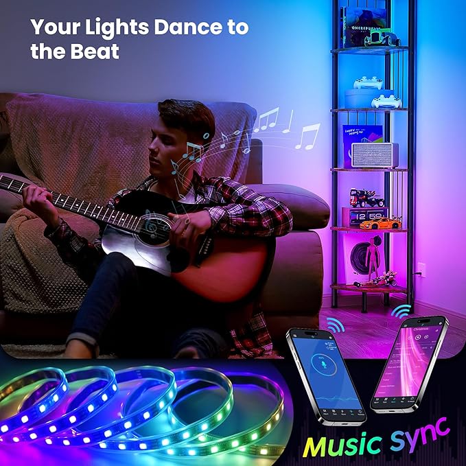 MonaSixy 6 Tier Corner Shelf with Light, Music Synic 60000 DIY LED Color Smart Remote Tall Display Shelves Corner Shelf Stand Bookshelf Wood Rack Metal Frame for Living Game Room Bedroom, Rustic Brown