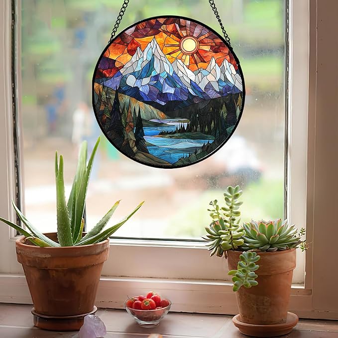 AMDERVEN Stained Glass Window Hanging - Colorful Mountain Lake Landscape Sun Catcher for Door Garden Home Decor Suncatcher Christmas Mother's Day Birthday Gifts for Women Men Mom Nana 15 in