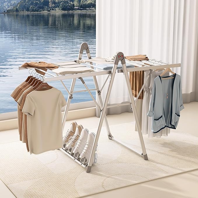 SHARNDY Electric Heating Clothes Drying Rack,Foldable Clothes Drying Rack,Suitable for Drying Clothes, Shoes and Socks.Plug & Play,Silvery Gray,Aluminum Alloy,One-Click Switch(39.37×52.56×25.98in)