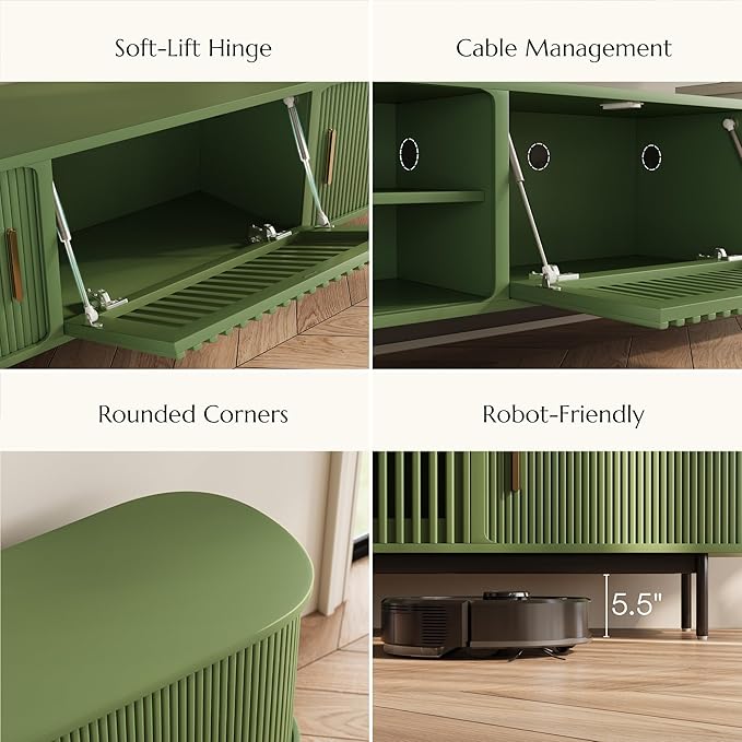 POVISON Fully-Assembled Modern Green TV Stand with Tambour Doors, Fluted TV Media Console for 75 Inch TVs, Sliding Door Entertainment Center with Storage for Living Room (Green, 78.74")