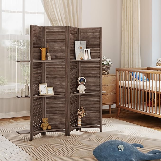HOMCOM Room Divider, 4 Panel 67" Tall Wood Privacy Screen with 3 Display Shelves, and Folding Storage for Bedroom or Home Office, Walnut
