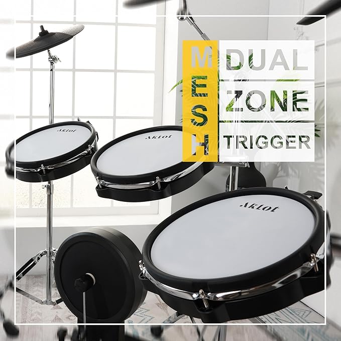 AKLOT Fully-Expandable Electric Drum Set: Independent Stand System, 12" Wooden Snare, Independent Hi-Hat and Triple-Zone Ride Cymbal, Mesh Bass Drum, 475 Sounds, Drum Sticks, Lesson Book (B-CORE546)