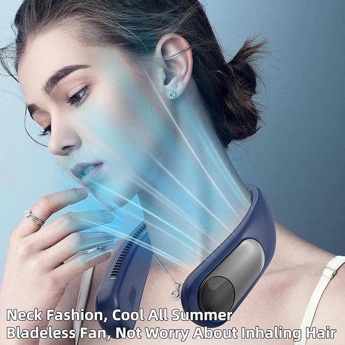 Portable Neck Fan,Personal Wearable Bladeless Fan,LED Display,4-Speeds,6000mAh USB Rechargeable,360° Strong Cooling Wind,Hands Free,White Elephant Gift,Christmas Gifts for Men Women Dad Mom (Blue)