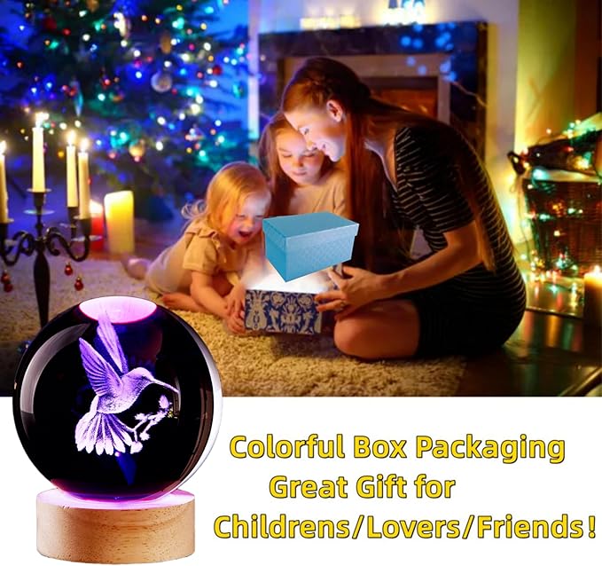 Conalisk 3D Hummingbird Crystal Ball Lamp,Lifelike 3D LED Bird Night Light,16 Colors Changing Light,Dimmable Remote Control,Desk Hummingbird lamp (Bird)