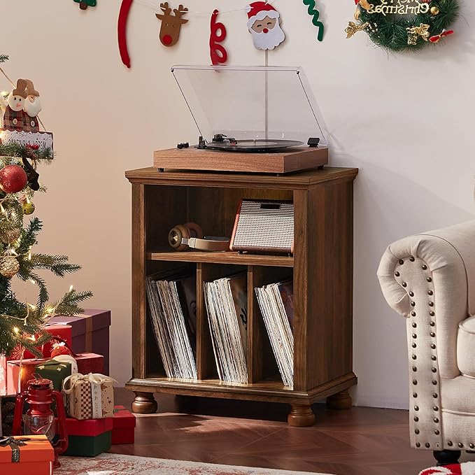 Joaxswe Record Player Stand with Vinyl Record Storage, 24" Wide Mid-Century Record Player Table Up to 200 Albums,Large Wood Turntable Stand Cabinet Dispaly Shelf for Living Room,Bedroom,Brown