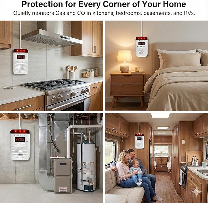2 in 1 Gas and Carbon Monoxide Detector Plug in with Long Power Cord 85db Alarm Digital Display for Home Kitchen Basement Garage No Drill Wall Mount Installation