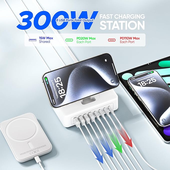 11-in-1 Charging Station USB-C Power Strip, 300W USB C Charger Block, 2AC Outlets 8USB Ports(4USB-C) Surge Protector, 5FT Flat Plug Extension Cord, PD110W Desktop Fast Charging for Home Office, White