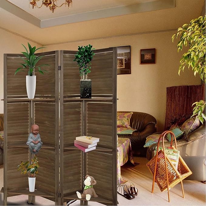 4 Panel Room Divider with Shelves, Room Dividers and Folding Privacy Screens, Folding Room Dividers 4 Panel, Wood Room Divider with 3 Display Shelves for Home Office (Brown)