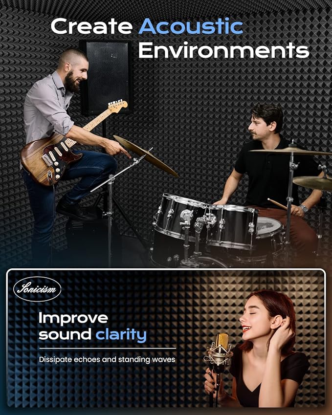 Sonicism Sound Proof Foam Panels for walls Self-Adhesive 24 Pack Pyramid 12" X 12" X 2" Acoustic Panels 35kg/m³High Density,Soundproof Wall Panels Fast Expand,Sound Absorption and Decoration,Black