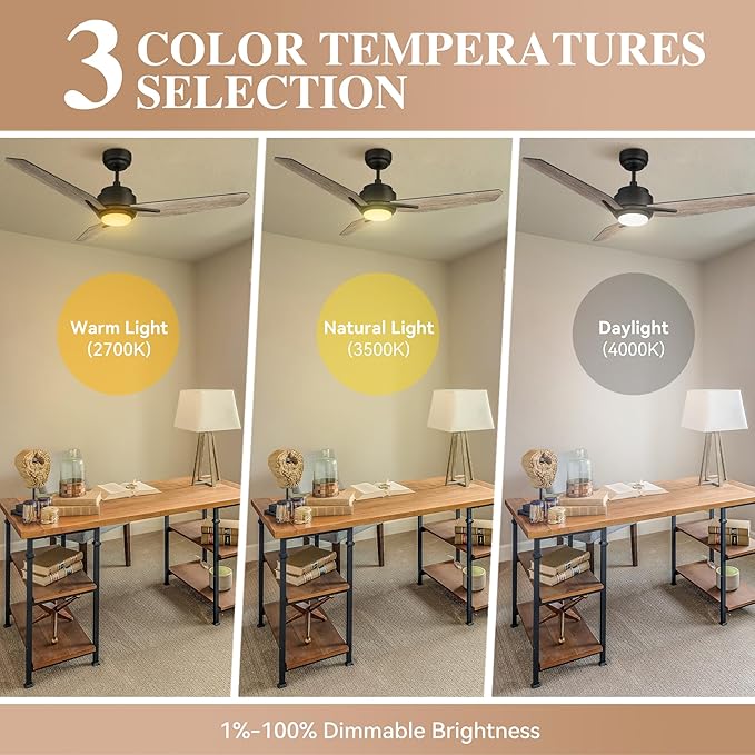 SMAAIR 48 Inch Smart Ceiling Fan with Dimmable Light Remote Control, Indoor Outdoor DC Ceiling Fan with 3 Blade for Bedroom, Living Room Works with Alexa/Google Assistant/Siri Shortcuts, Light Wooden