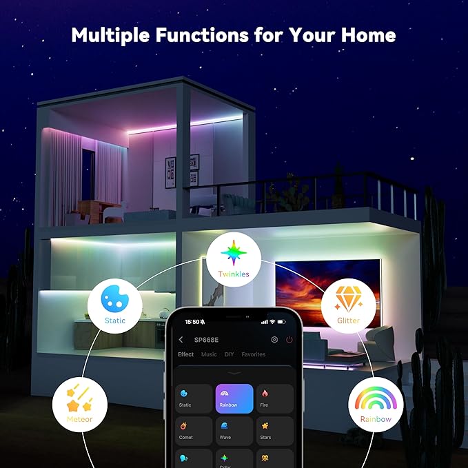 MIWISE LED Strip Lights,RGB Smart IC COB LED Strip Light Color Chasing,24ft Multicolor Flexible LED Tape Light,Music Sync with APP Control,Addressable DIY 16M Colors, for Cabinet,Bedroom,Party Decor