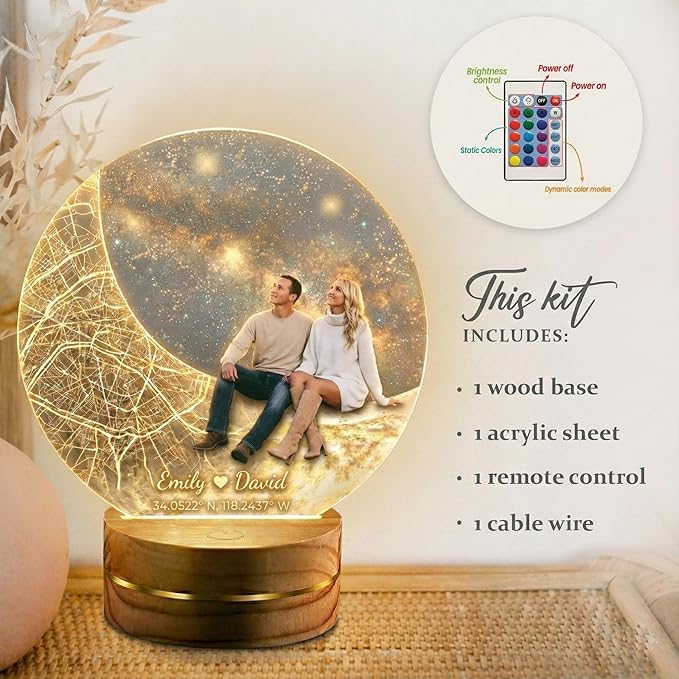 MamaEra Valentine’s Day Gift 2026 - Personalized Map Night Light with Photo & Coordinates – Custom Acrylic Moon Lamp with Wooden Base, Remote Control – Romantic Gift for Couples, Anniversary