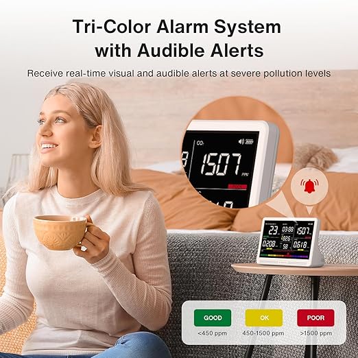 Upgrade Extended 12-Hour Battery Life 16 in 1 Air Quality Monitor Indoor with 7" Display, Professional Air Quality Meter for CO2, TVOC, PM2.5, PM1.0, PM10, HCHO, Temperature, Humidity, AQI & Time
