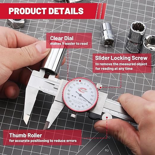 Standard Gage Metric Dial Caliper Measuring Tool 0-150mm Range, Analog Precision Caliper ±0.02mm Accuracy, Manual Mechanical Metal Stainless Steel Measuring Dial with 4-Way Measurements