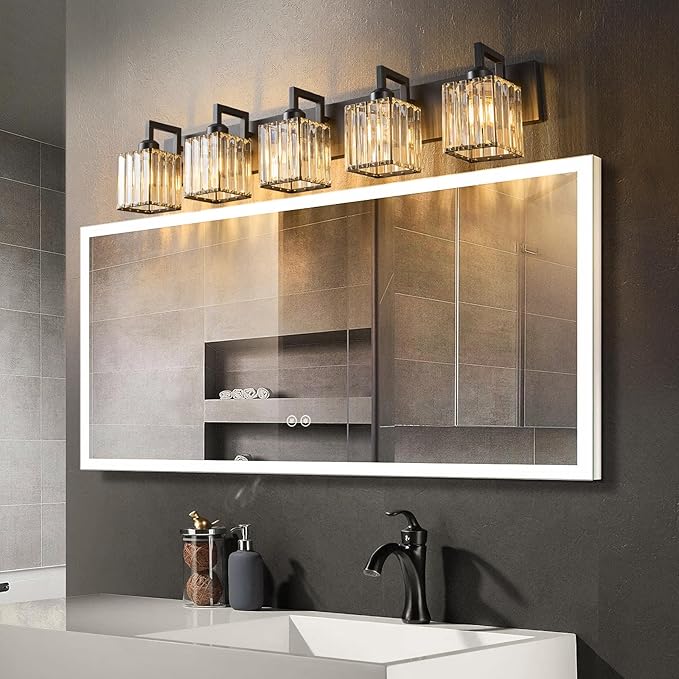 FDPBY Black Bathroom Light Fixture, 5-Light Crystal Vanity Lighting, Bathroom Lighting Fixtures Over Mirror, Modern Crystal Wall Lamp