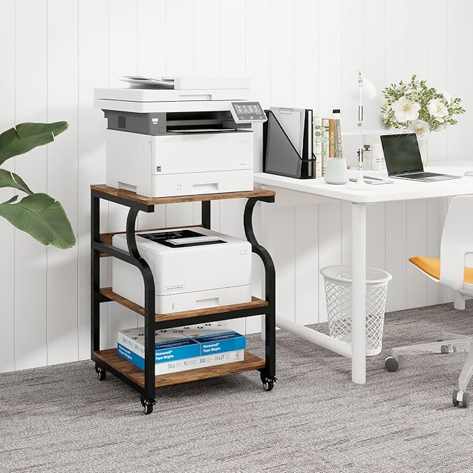 Natwind Large 3-Tier Rolling Printer Cart with Adjustable Shelf, 24”x20” Mobile Stand for Heat Press, 3D Printer, Home Office Multifunctional Shelves with Locking Wheels (Retro)