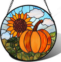DASTOLL Stained Glass Window Hanging Fall Farm Scenery Sunflower Pumpkin 6.3" - Suncatcher Door Garden Kitchen Sunroom Sun Catcher Home Decor Birthday for Mom Grandma Men Woman