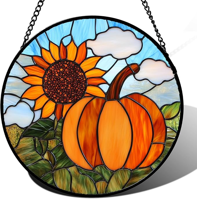 DASTOLL Stained Glass Window Hanging Fall Farm Scenery Sunflower Pumpkin 7.8" - Suncatcher Door Garden Kitchen Sunroom Sun Catcher Home Decor Birthday for Mom Grandma Men Woman
