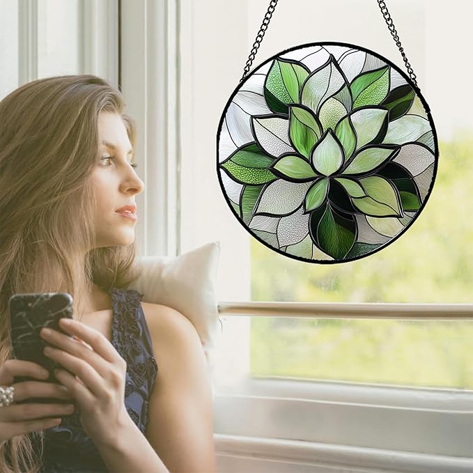 CRISGIF Stained Glass Window Hanging - Ireland Green Plants Suncatcher for Doors Garden Succulent Sun Catchers Decor Mother's St. Patrick's Day Birthday for Women Men Mom Nana 7.8 in