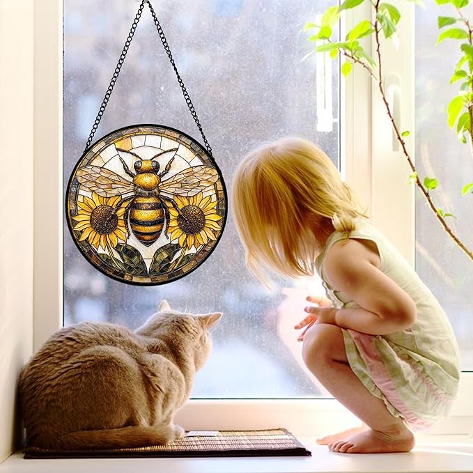 DASTOLL Stained Glass Window Hanging - Bee Sunflower Yellow Suncatcher Ready to Hang Window Doors Home Decoration and Christmas, Mother's Day Birthday Gifts for Women, Men, and Mom 9.8x9.8 in