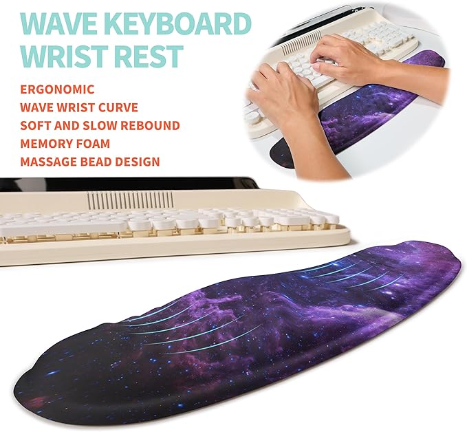 KUOSGM 2-in-1 Ergonomic Set, Wave Rise Keyboard Wrist Rest and Massage Bulge Slope Mouse Pad Wrist Support, Cushion Memory Foam Integrated to Relieve Wrist Pain, Galaxy
