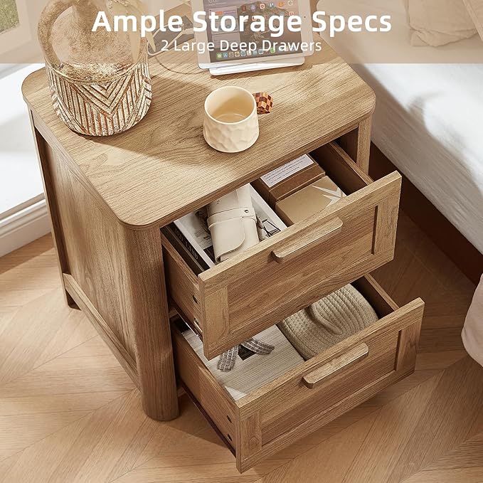 Joaxswe Farmhouse Nightstand with Charging Station, End Tables Bedroom with 2 Large Drawers & 4 Thickened Table Legs, Dark Wood