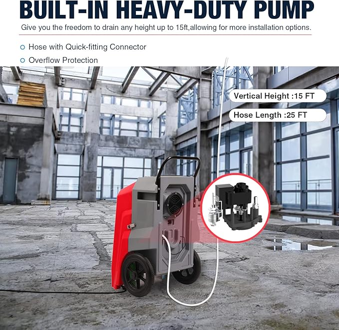 MOUNTO 180Pints Commercial Dehumidifier with Pump and Drain Hose, LGR Portable Dehumidifier with wheels for Home, Basements, Garages, and Job Sites. (Red)