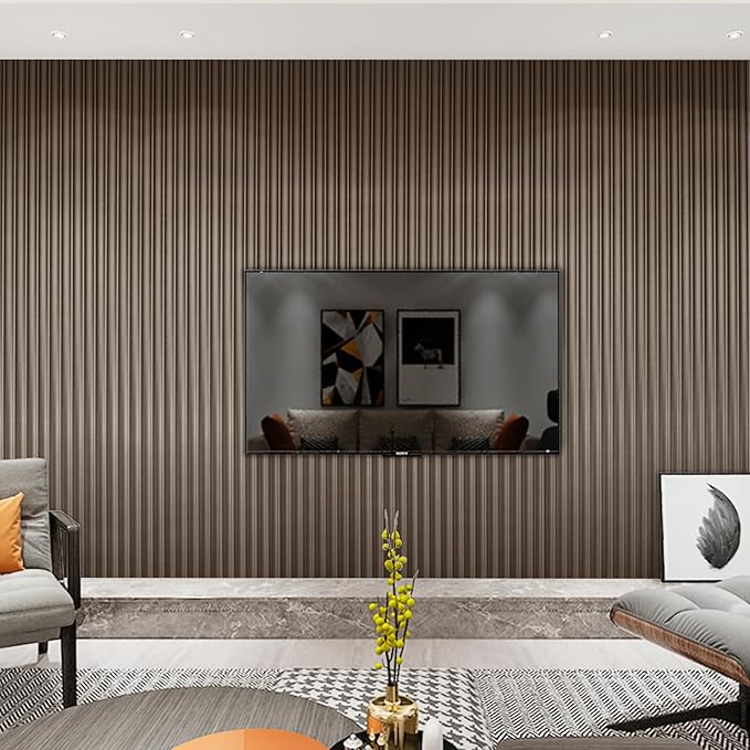 Art3dwallpanels Slat Wall Paneling, 104'' x 6.3'' Glossy Metal Finish WPC Soundproof 3D Wall Panels for Interior Wall Decor, 8 Pack Wavy Grain Panel Wall Slats, Brushed Brown
