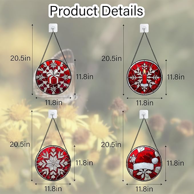 DASTOLL Stained Glass Window Hanging 4 Pcs Set Red Christmas Decorations Theme Large 11.8" - Suncatcher Door Garden Sun Catcher Decor Birthday for Mom Woman Nana Men Friend Wife