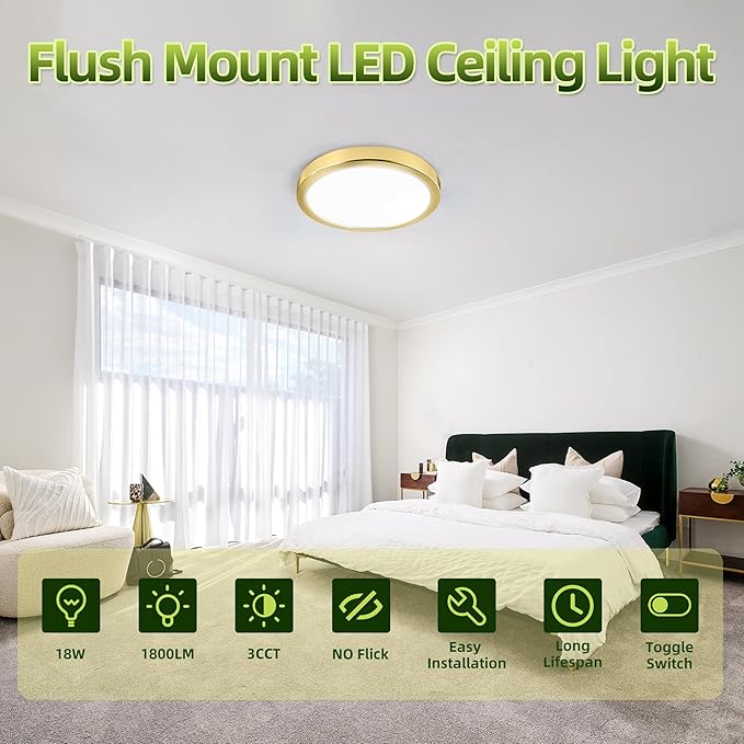 hykolity 9 Inch Selectable CCT LED Round Flat Panel Light, 18W 1800LM 3000K/4000K/5000K, Edge-Lit Flush Mount Ceiling Light Fixture for Kitchen, Bedroom, Laundry and Closet Room, Gold