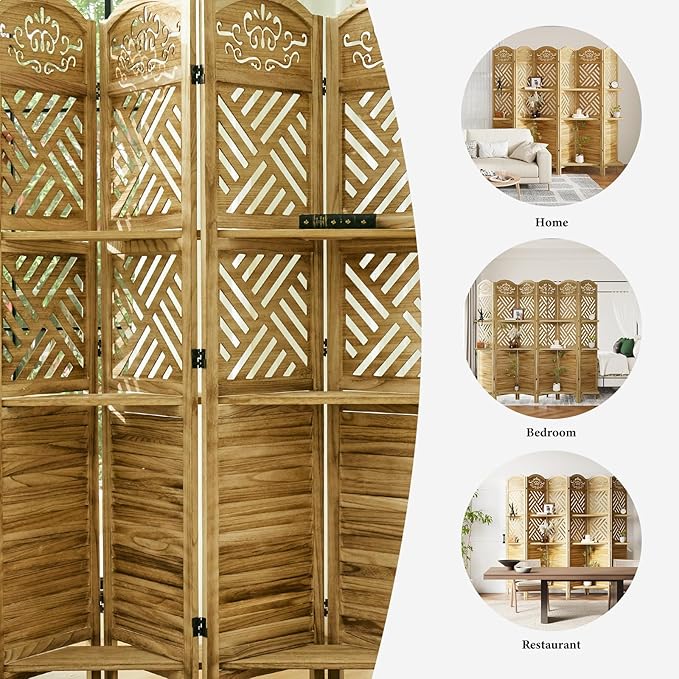 Svimi Room Divider with Shelves, 68.9inch Wood Carved and Louvered Wall Divider Freestanding, 4 Panels Folding Partition Screen for Bedroom Home Office (Natural)