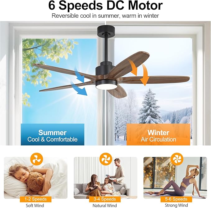WINGBO 54" Ceiling Fan with Light - 5 Carved Solid Wood Blades, 6-Speed Reversible DC Motor, Dimmable, 3CCT, Noiseless Remote Control Ceiling Fans with Lights for Bedroom Living Room, Black and Wood