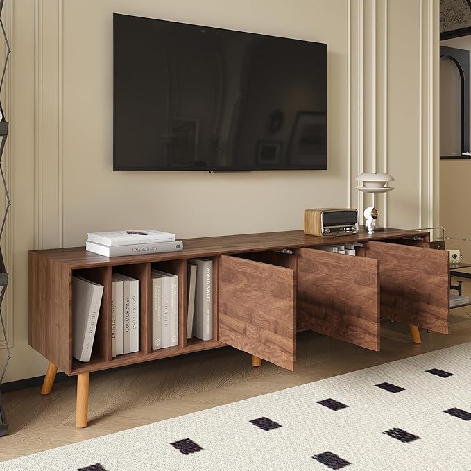 Virubi Mid-Century Modern TV Stand, Entertainment Center with 3 Doors and Open Shelf, Media Console for TVs up to 80 Inch, Television Stands with Cable Management for Living Room