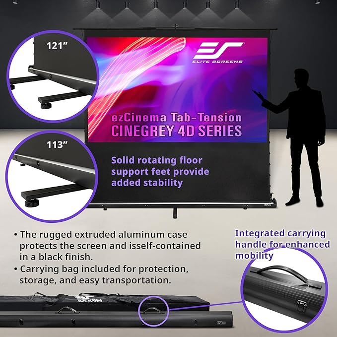 Elite Screens ezCinema Tab-Tension CineGrey 4D, 123-inch 16:9, Manual Floor Pull Up ISF Ceiling Ambient Light Rejecting, Portable Home Office Classroom Projector Screen with Carrying Bag, FT123UH-C4D