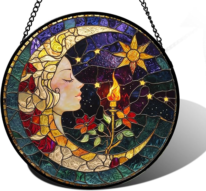 DASTOLL Stained Glass Window Hanging, Moon Goddess Torch Suncatcher Diamond Glass Panel Hangings Dream Sun Catchers Decor for Birthday for Women, Men, Wife, Aunt, and Mom 6.3 in