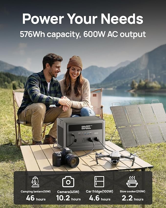 DaranEner Portable Power Station 600W with 100W Solar Panel, 576Wh LiFePO4 Solar Generator, 3 AC Outlets(1200W Surge), 100W USB-C PD, Fast Recharge for Camping, RV, Power Outage, Emergency Backup