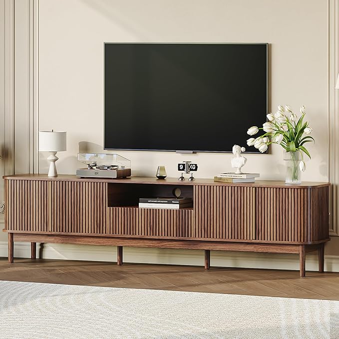 CHUWELL 86.6'' Fluted TV Stand for 75/80/85 Inch TVs, Mid Century Modern Entertainment Center with Large Storage Space & Open Shelves, Walnut TV Console with Sliding Doors for Living Room, Bedroom