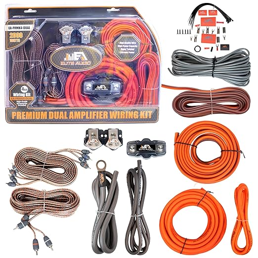 Elite Audio Premium Series Amp Kit Copper Clad Aluminum Wire, Triple-Shielded RCA Cables, High-Power Capacity, ANL Fuse Holder, Car Amplifier Install Kit (4 Gauge (Dual Amp))