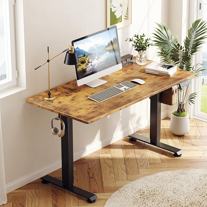 Veken 55 Inch, Height Adjustable Sit Stand Up, Wood Desktop, Work Home Office Computer PC Table, Tall Standup Workstation, Gaming Writing Study Bedroom Rising Desks, Brown