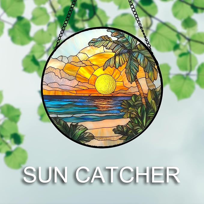DASTOLL Stained Glass Window Hanging 4 Pcs Set Blue Ocean Coconut Tree Scenery 7.8" - Suncatcher Door Garden Sun Catcher Decor Birthday Christmas for Mom Woman Nana Men