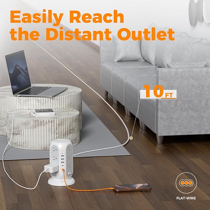 TESSAN Tower Power Strip with Individual Switches, Surge Protector with 12 Outlets, 5 USB Ports(2 USB C), Flat Extension Cord 10 Ft, 1250W, Charging Station for Multiple Devices, for Office, Dorm