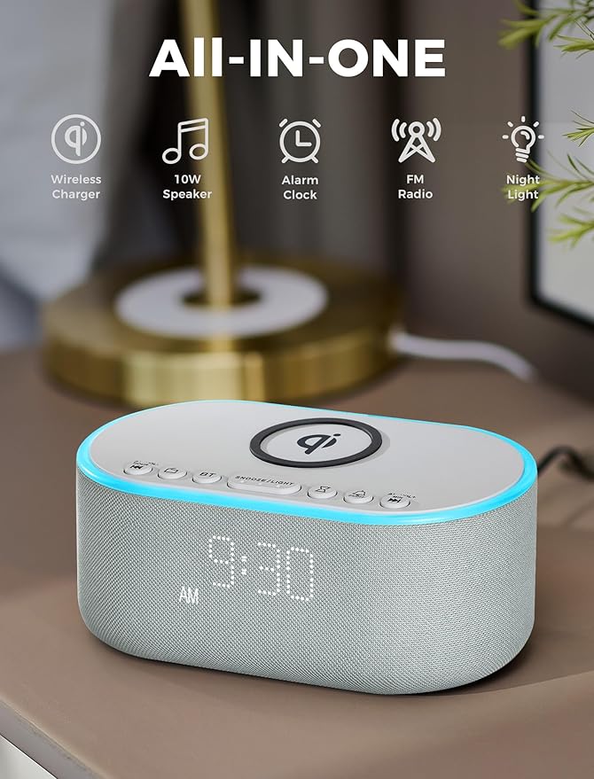 Odokee Wireless Charging Alarm Clock Radio: Qi Certified Fast Wireless Charger for iPhone Samsung - 10W Stereo Bluetooth Speaker - Dimmable Digital Clock with FM Radio for Bedroom Cloud Blue