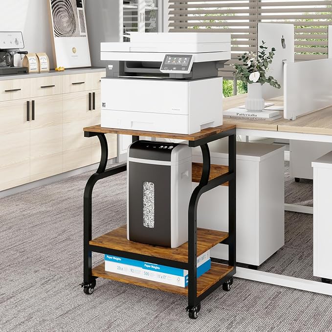 Natwind Large 3-Tier Rolling Printer Cart with Adjustable Shelf, 24”x20” Mobile Stand for Heat Press, 3D Printer, Home Office Multifunctional Shelves with Locking Wheels (Retro)