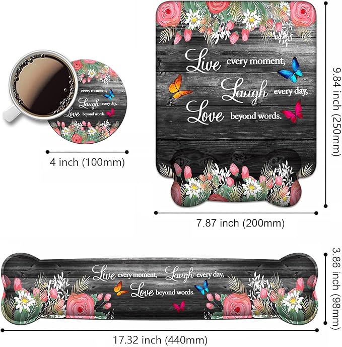 Keyboard Wrist Rest + Mouse Pad Wrist Support Set with Coasters, Non-Slip PU Base Ergonomic Mousepad for Home Office Working Studying Easy Typing & Pain Relief, Floral Quote Live Laugh Love