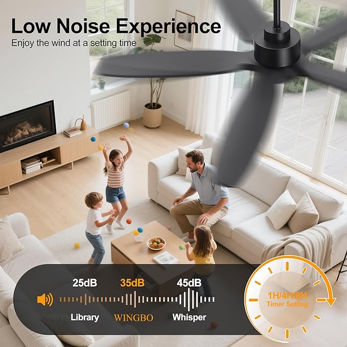 WINGBO 54" Ceiling Fan with Light - 5 Carved Solid Wood Blades, 6-Speed Reversible DC Motor, Dimmable, 3CCT, Noiseless Remote Control Ceiling Fans with Lights for Bedroom Living Room, Matte Black